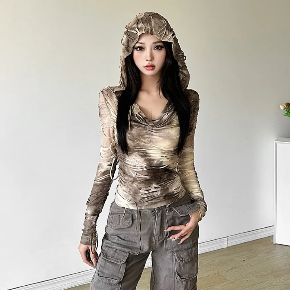 SylCue Broken Style Hooded Tops Women Tie-Dye Fashion Irregular Ruched Full Sleeve Spicy Girl Street Hipster Classic Pullover