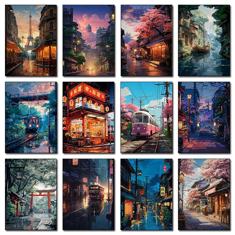 Japan Anime Tokyo Streets City Landscape Cherry Blossom Cartoon Poster Canvas Paintings Wall Art HD Pictures For Room Home De