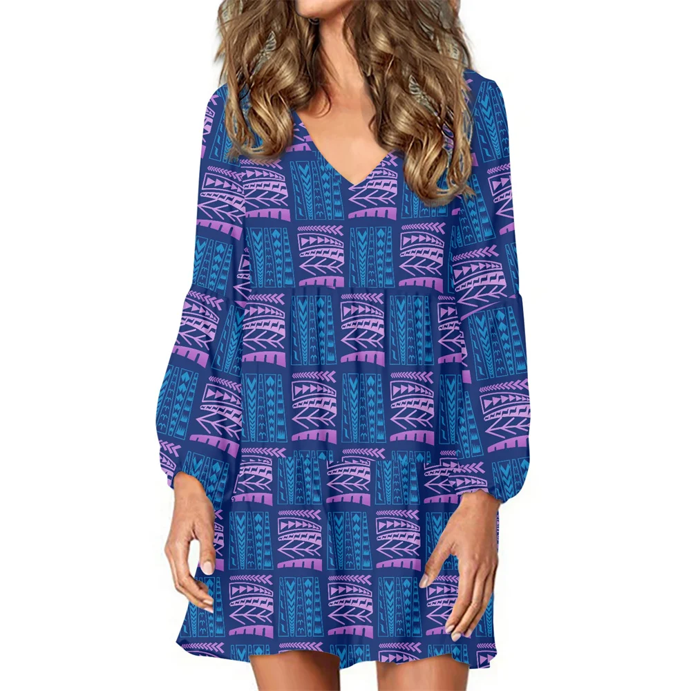 

Fall V-neck Women Mini Long Lantern Sleeve Dresses Polynesian Samoan Blue Purple Tapa Flower Printed Casual Party Dresses