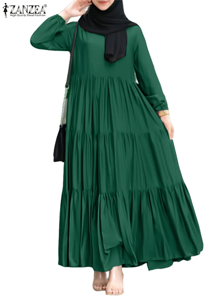 

ZANZEA Long Sleeve Woman Abaya Maxi Dresses Hijab O-Neck Fashion Tiered Muslim Eid Vestidos Islamic Loose A-line Robes Femme