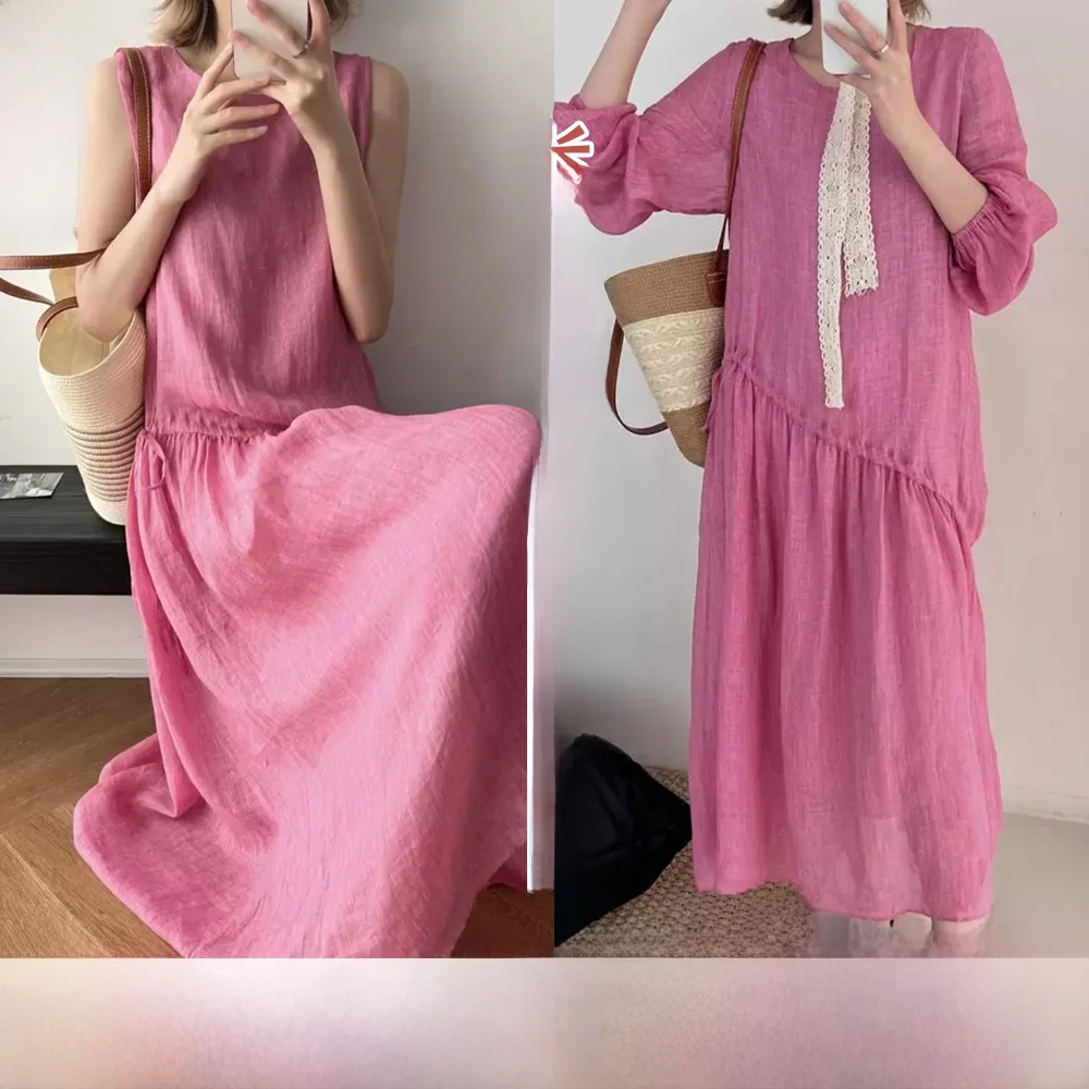 

High-End Cotton Linen Dress Pattern Sample Gown with Wide Hem Long Sleeve No-Sleeve Dress for Beginners Clothing Making