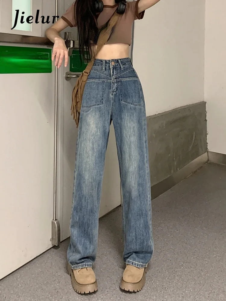 

Jielur Spring Vintage Wide Leg Pants Woman High Waist Streetwear Fashion Denim Trousers Casual Straight Baggy Jeans Korean Chic