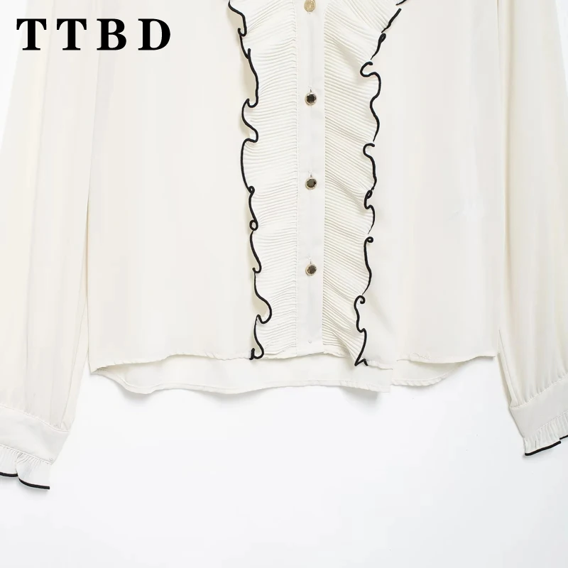 TTBD 2024 New Autumn Woman\'s Casual Single-breasted Long Sleeve Ruffles Shirt Top Female Fashion V-Collar Solid Color Coat