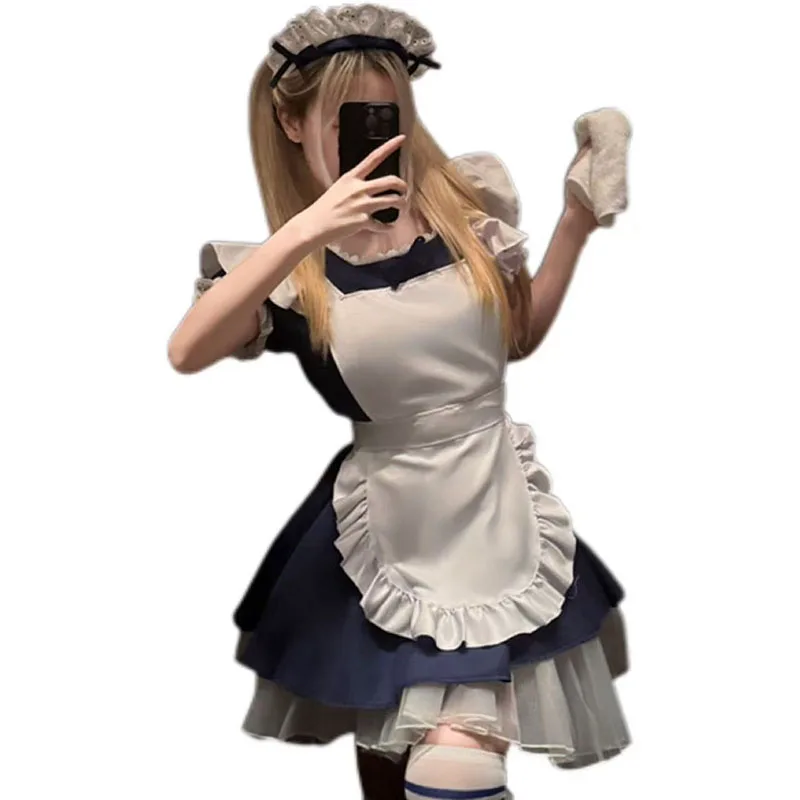 

2026 Dark Blue Cute Lolita Girl Maid Outfit Anime Waitress Coffee House Dress Up Party Cosplay Stage With Apron Carnival Suits