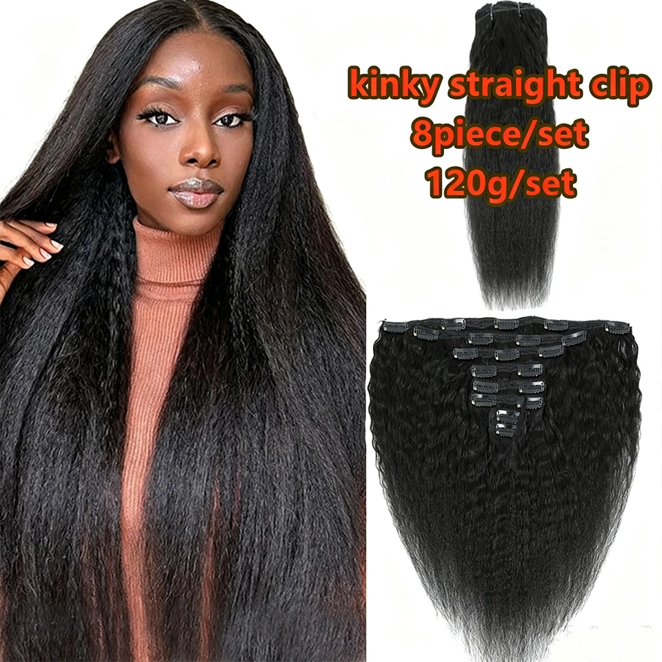 Kinky Straight Clips In Human Hair Extensions Natural Color In Brazilian Remy Human Hair 120G 8Pcs/Set Full Head For Women Natural Color Invisible Wefe Remy Clip Ins Yaki Human Hair Wholesale Burmese Clip in Hair Extensions