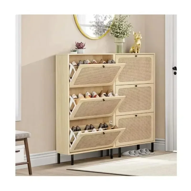 3 Flip Drawer Shoe Cabinet Natural Rattan Shoe Cabinet Organizer Freestanding Wooden Shoe Rack Storage Cabinet