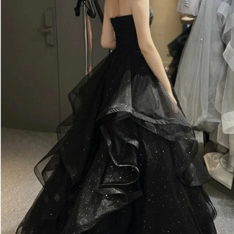 Temperament Black Elegant Wedding Party Dresses Strapless Tiered Draped Prom Robe 2023 New Ball Gown Formal Dress Women Vestidos