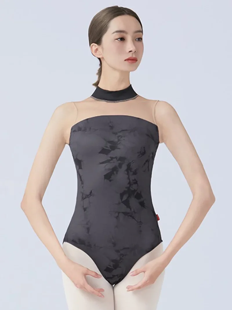 大人女性ボディトレーニングオープンクロッチバレリーナダンスウェアメッシュプリント背中の開いた叙情的なダンスバレエ体操レオタード衣装