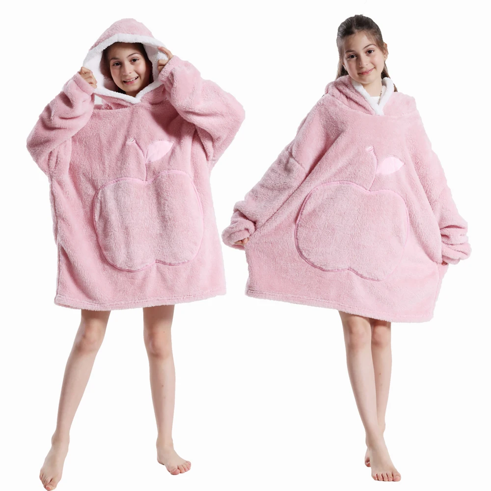 Winter Warm Clothes for Girl 4-16 Years Teenage Hooded Flannel Sweatshirts Boys Kids Wearbale Blankets Pink Blue Grey Clothing