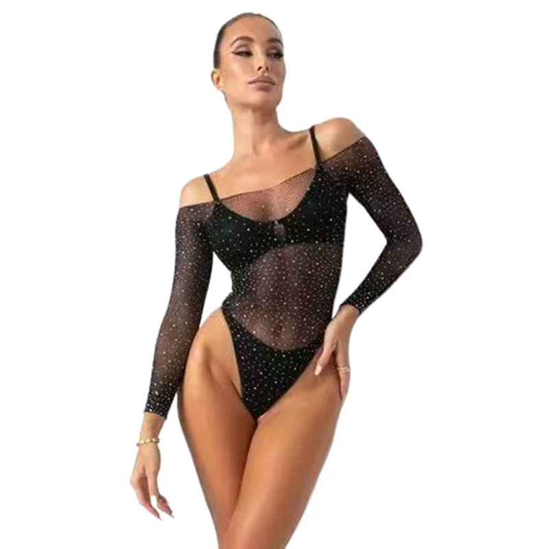 Damen Off-Shoulder Strass-Mesh-Bodysuit Transparenter Netz-Bodystocking Glitzerndes Oberteil Nachtclub Bühne Musikfestival Party-Outfits – Detail 2