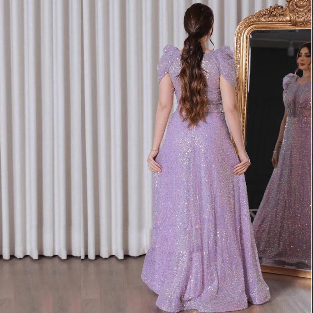 맞춤형 라일락 스팽글 프롬 드레스 2025 O넥 캡 슬리브 맥시 드레스 여성용 A라인 바닥 길이 웨딩 파티 가운