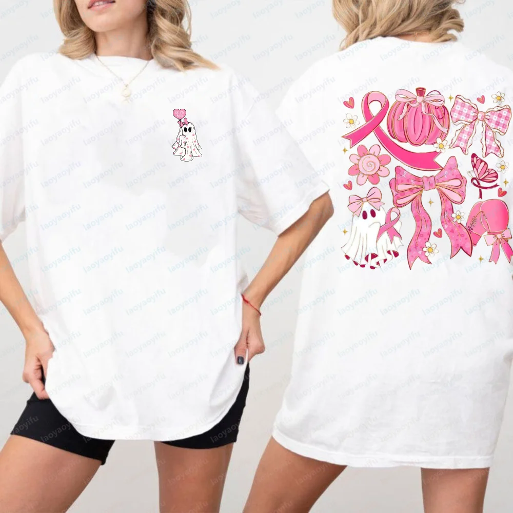 Pink Halloween Ghost Tee Pumpkin Bow Ribbon Support Unisex Fashion Top Pink Ribbon Bow Pumpkin Hearts Flowers Graphic T Shirt