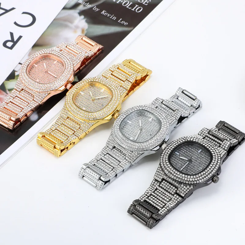 2022 New Iced Out Women Watch Gold Silver Color Square Diamondd Quartz Luxury Hip Hop Wrist Watches Roman Clock Gift boyfriend