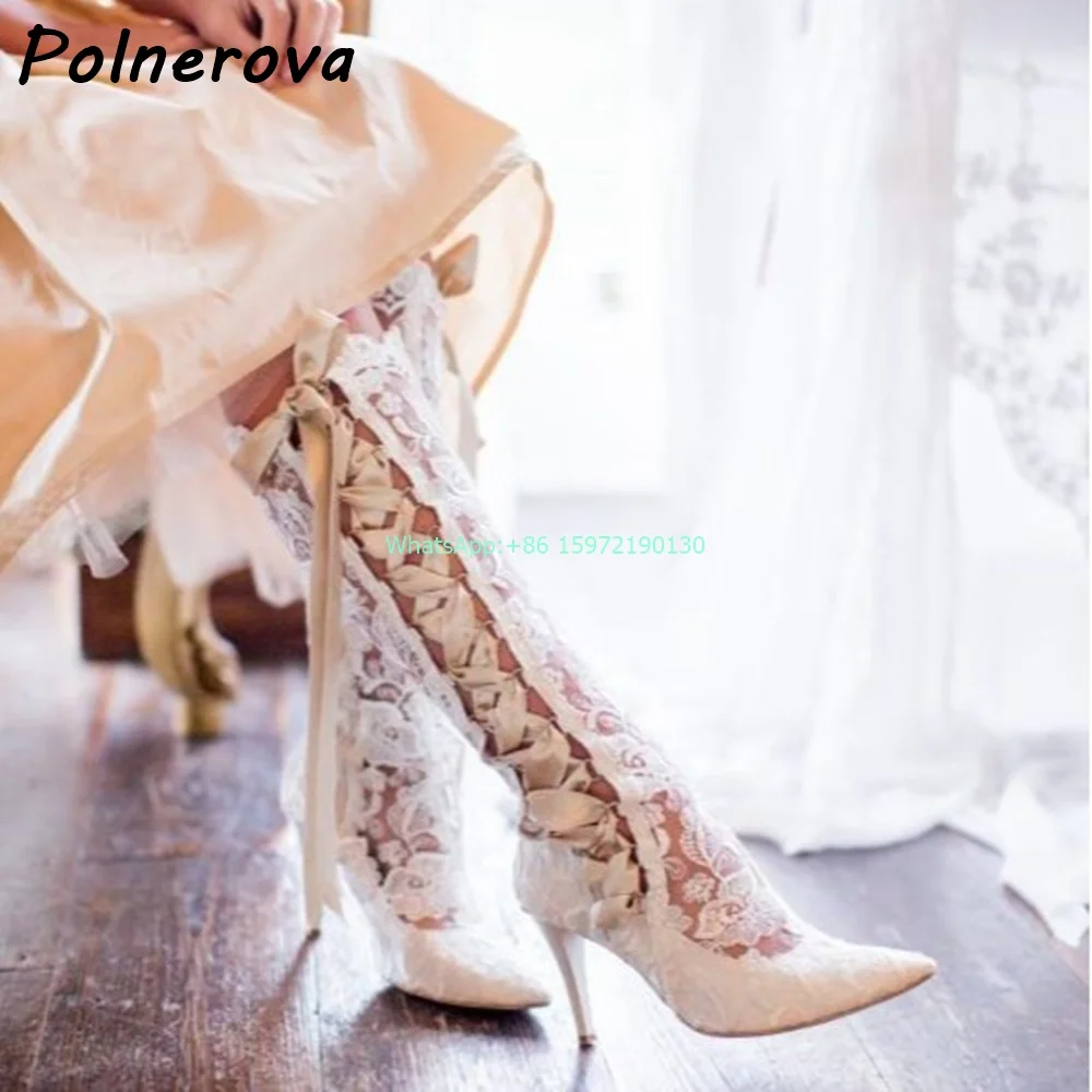 

Lesbian Cross Tied Knee High Boots Hollow Pointy Toe Solid Thin Heels Lace Up Shoes Luxury Palace Princess Wedding Dress Shoes