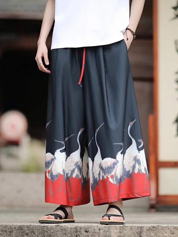 

Новые мужские брюки с юбкой Hanfu в китайском стиле, брюки из ледяного шелка, прямые брюки с девятью очками, свободные повседневные летние брюки с большими ортами