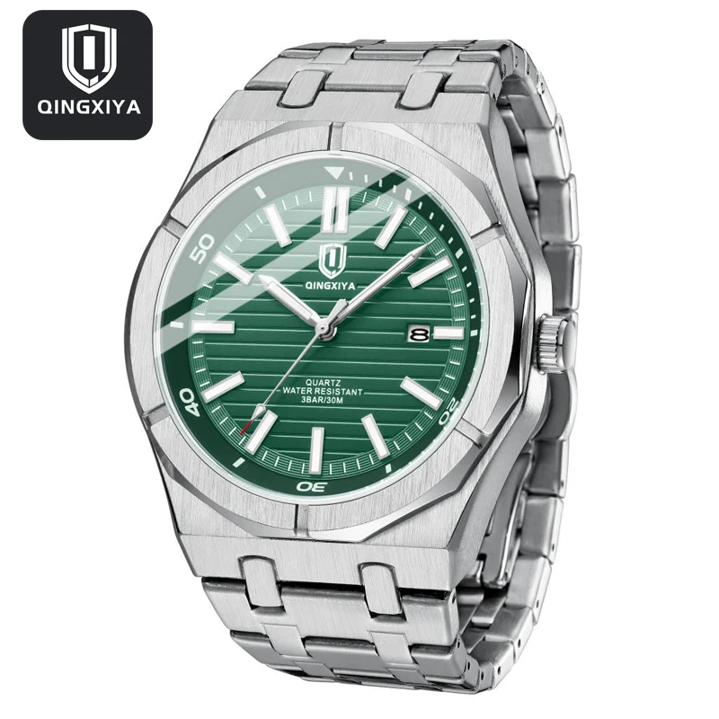 Luxury Brand Quartz Watch for Man Stainless Steel Waterproof Luminous Date Fashion Green Wristwatch Male Relogio Masculino