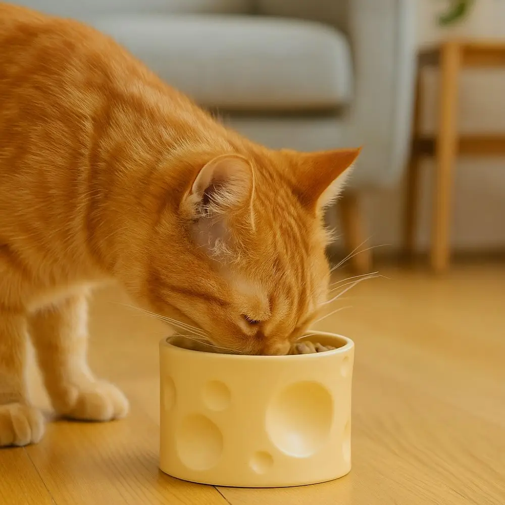 

Cheese-Shaped Ceramic Pet Bowl Non-Slip Anti Vomiting Anti-Spill Water Bowl Neck Protection Tilted Food Dish For Dogs and Cats