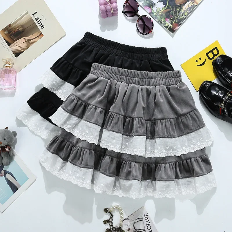 

Black Grey White Patchwork Velvet Cake Skirt Sweet Cute Women's Ruffle Edge Stitching Hotsweet Fashion Y2K Spicy Girl Skirts