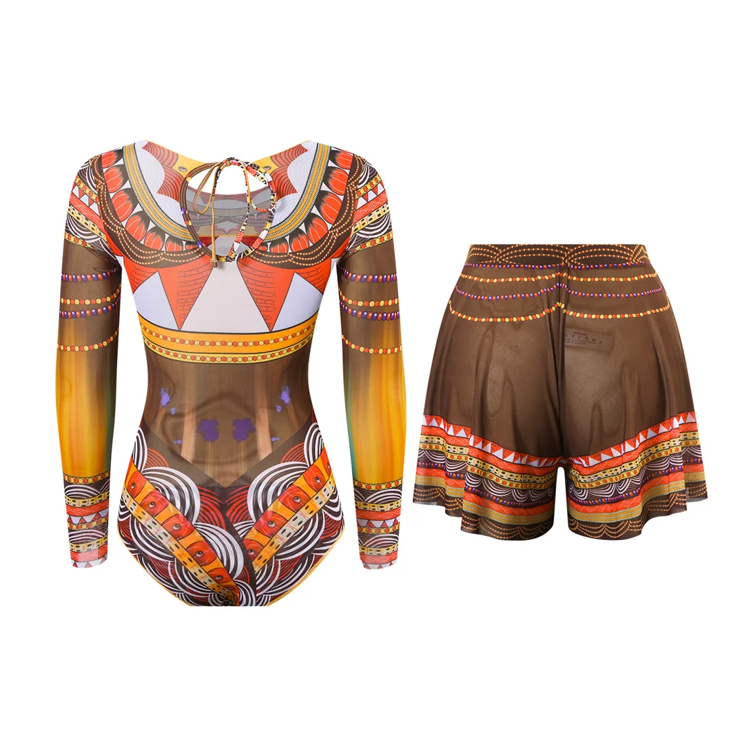 S - XXL, einteiliger Badeanzug mit vollständig bedecktem Rücken, gepolstert, für Damen, mit Shorts, langen Ärmeln, mit Muster, Damen-Badebekleidung, V7347. – Detail 3