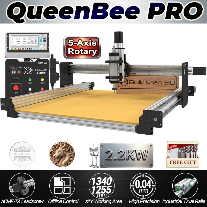 BulkMan3D QueenBee PRO 5-Axis 2.2KW CNC Machine Kit with DDCSV4.1 Offline Controller, Dual Linear Rails, 3N.m Closed-Loop Motors