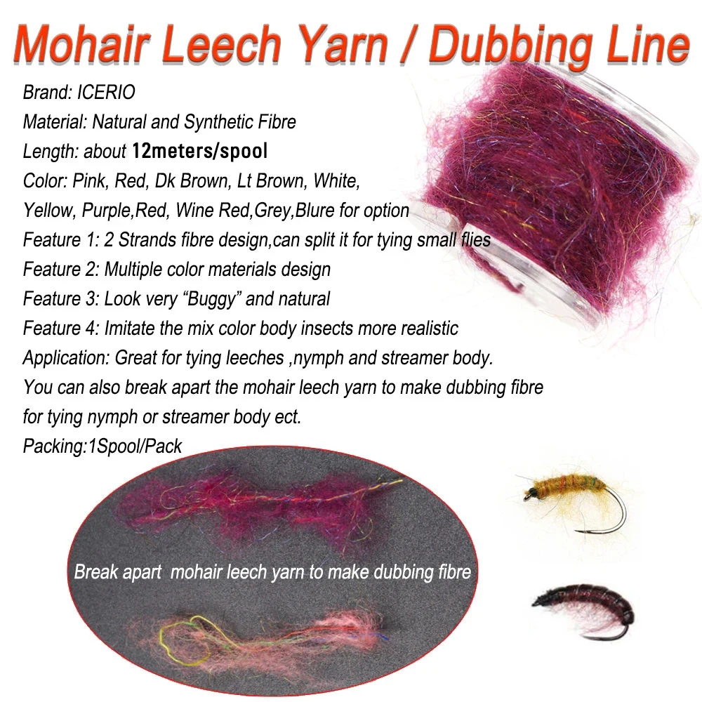 ICERIO  2 Spools Mohair Leech Yarn Dubbing Fibre Line Fly Tying Material For Tying Leech Streamer Nymph Body Trout Fishing Lures