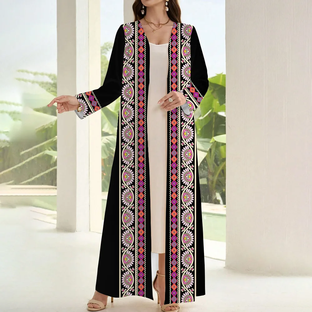 2024 New Muslim Clothing Women Abaya Floral Print Black Open Kimono Abaya Two Pieces Set Moroccan Turkish Casual Kaftan Dress