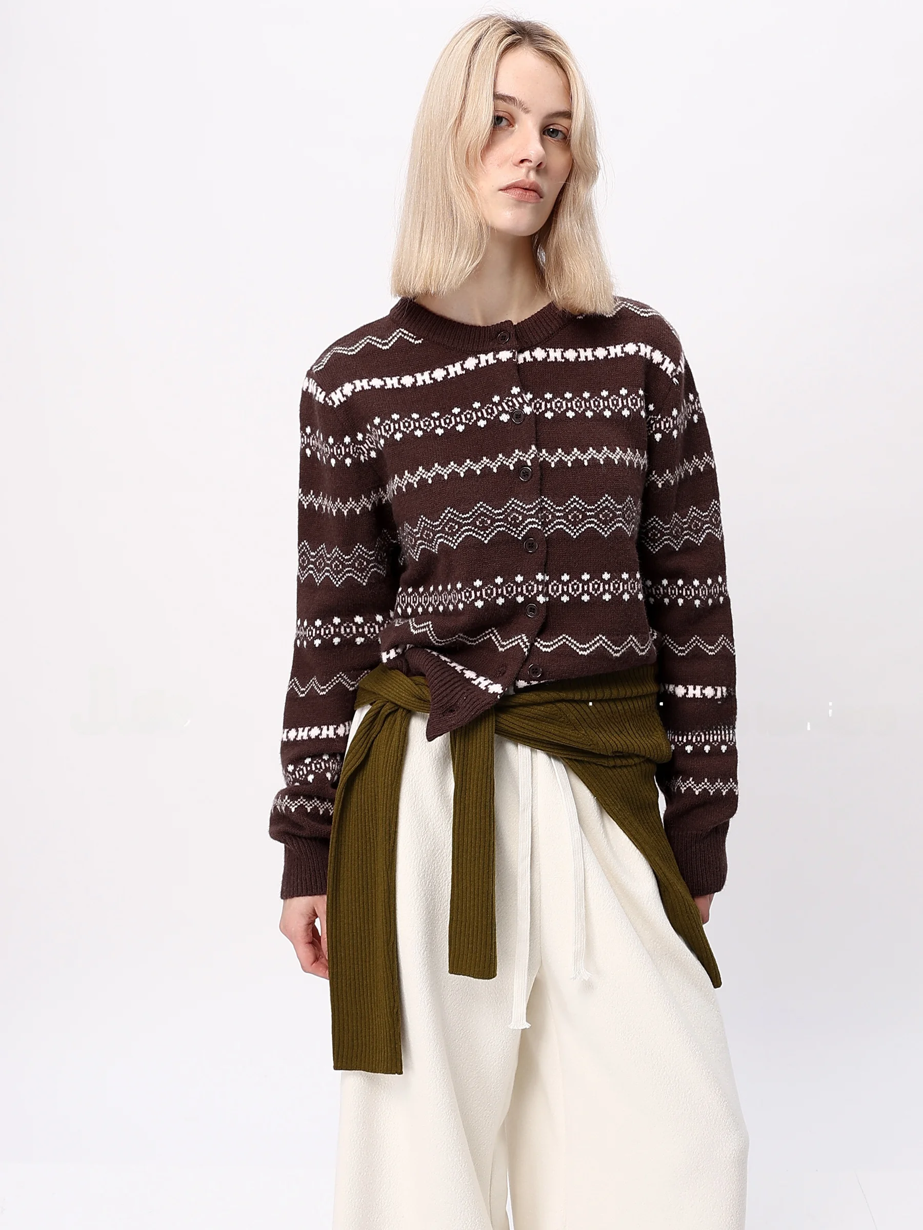 

Вязаный кардиган Nordic Snow Series в винтажном стиле для женщин, базовый свитер Fair Isle, повседневный, приталенный, с длинными рукавами, круглый вырез