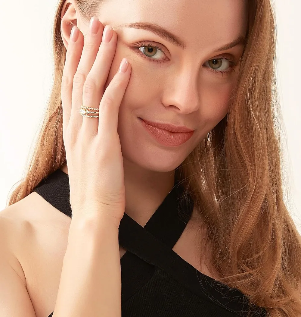 Monkton 3Pcs 14K Gold Plated Stacking Rings for Women Knuckle Thin Band Marquise&Round Cubic Zirconia Statement Ring Set