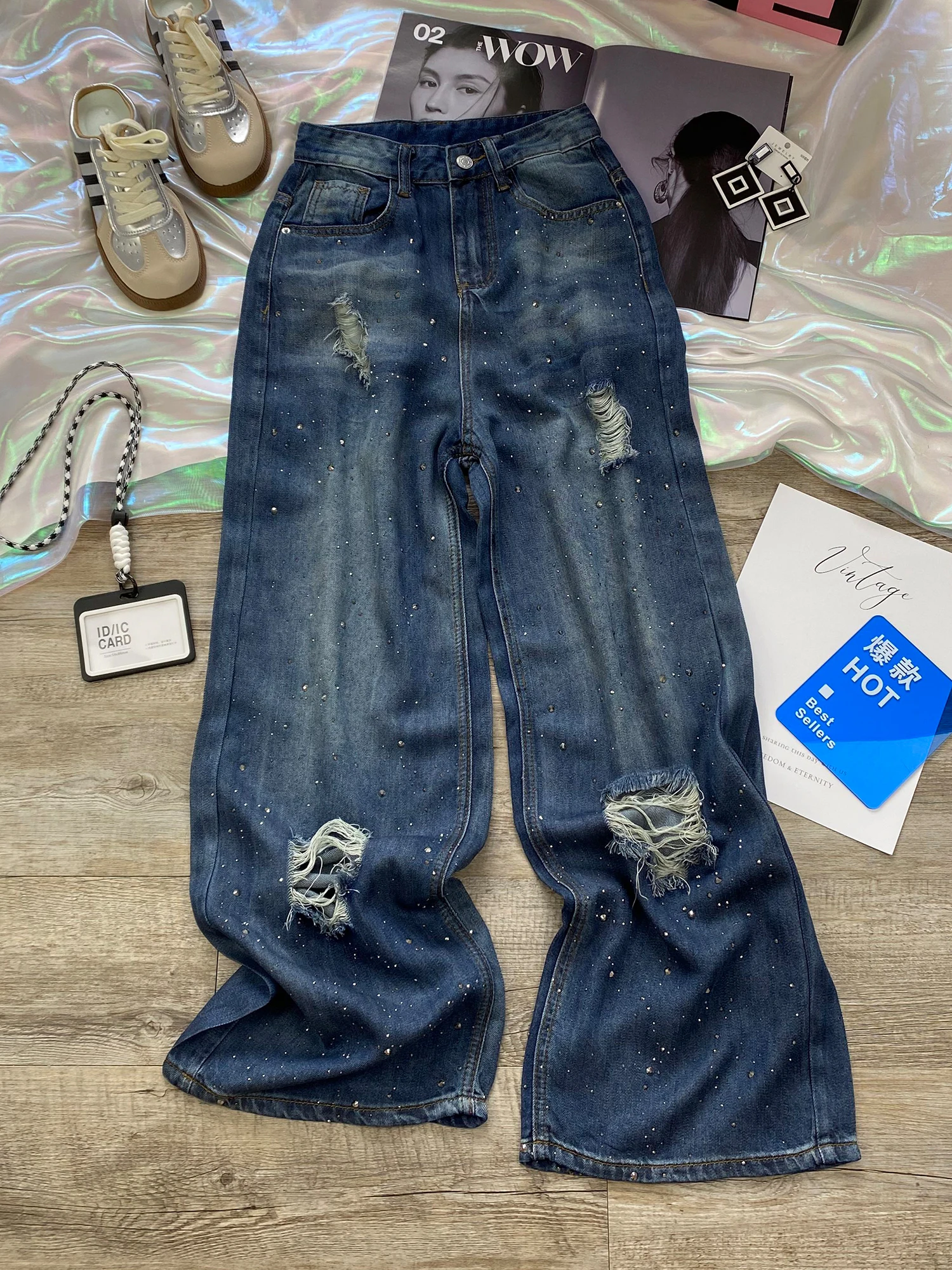 Summer Lyocell Ripped Jeans For Women High Street Dark Blue Rhinestone Denim Pants American Fashion Sequins Wide Leg Trousers