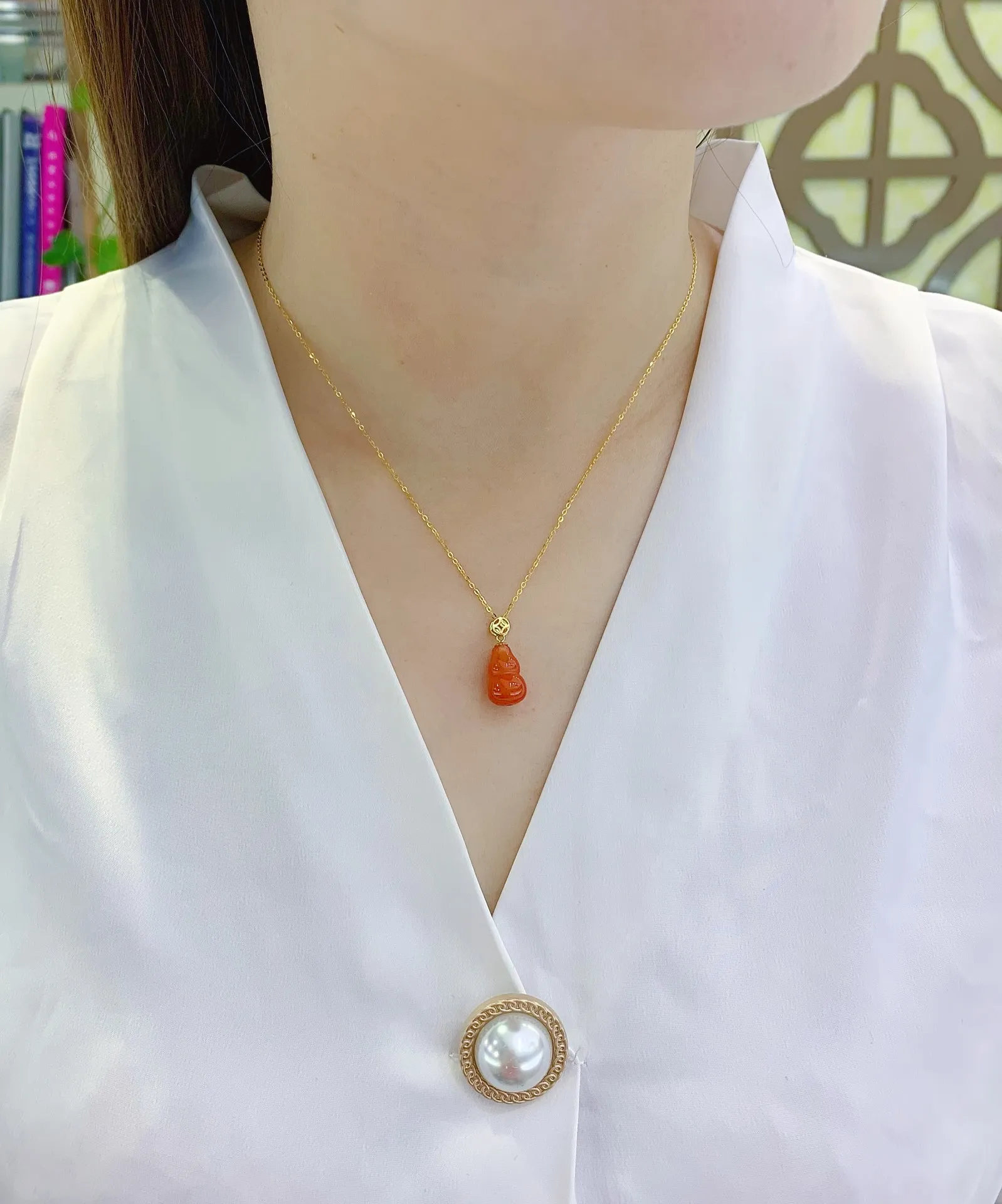 shilovem 18K yellow Gold real Natural south Red agate pendants no necklace fine  Jewelry gift plant yzz0913252nh