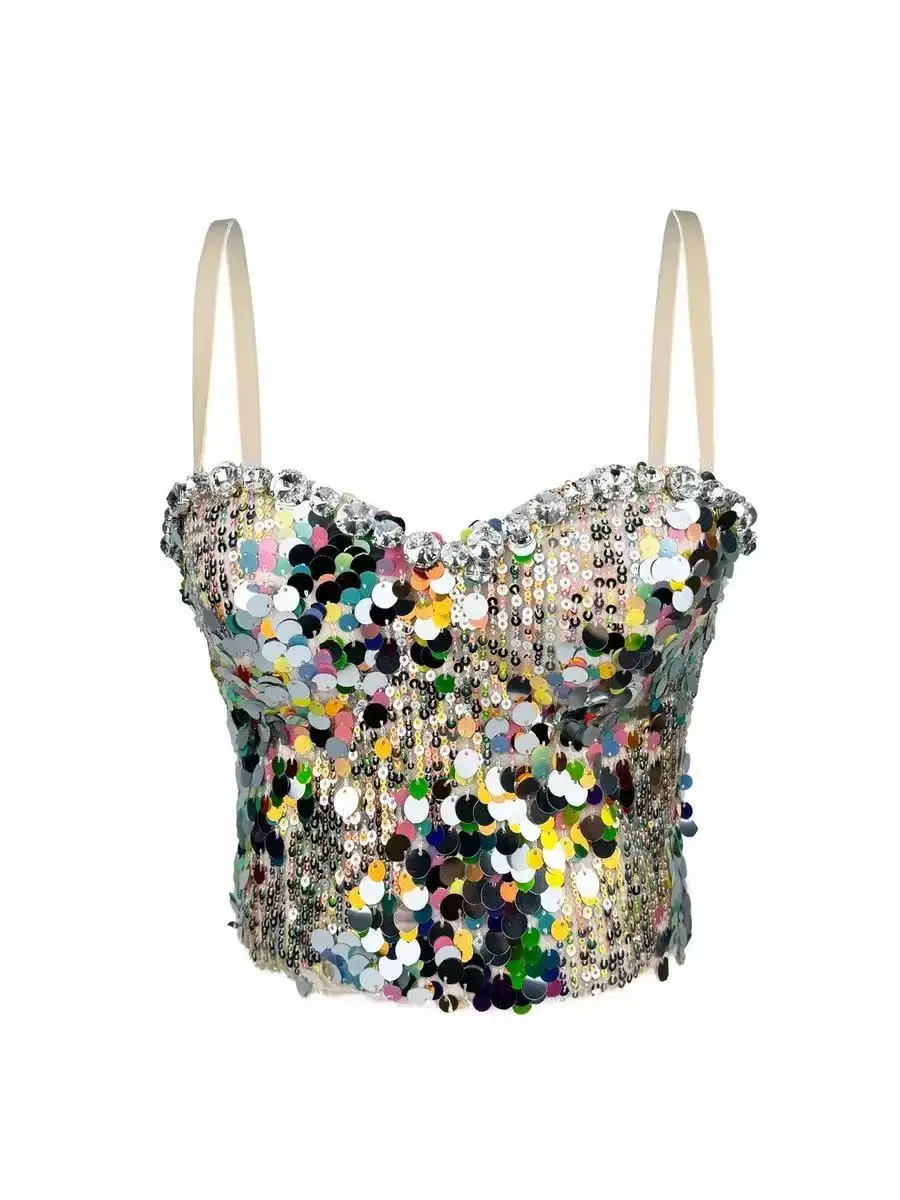 

French outerwear camisole, colorful reflective sequins and diamonds, sexy fishbone bra, high-end elegant fishbone bra