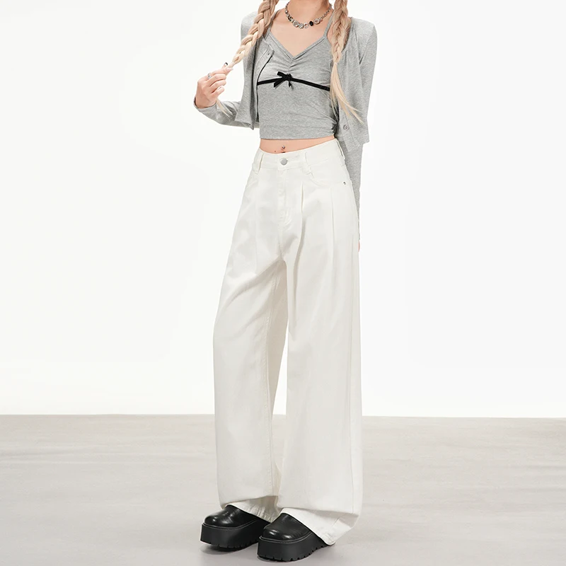 レディースパンツ Y2K ジーンズ バギーパンツ ホワイト ストレッチ 快適フィット スリムで背が高く見えるスタイリッシュな服装に バギージーンズ