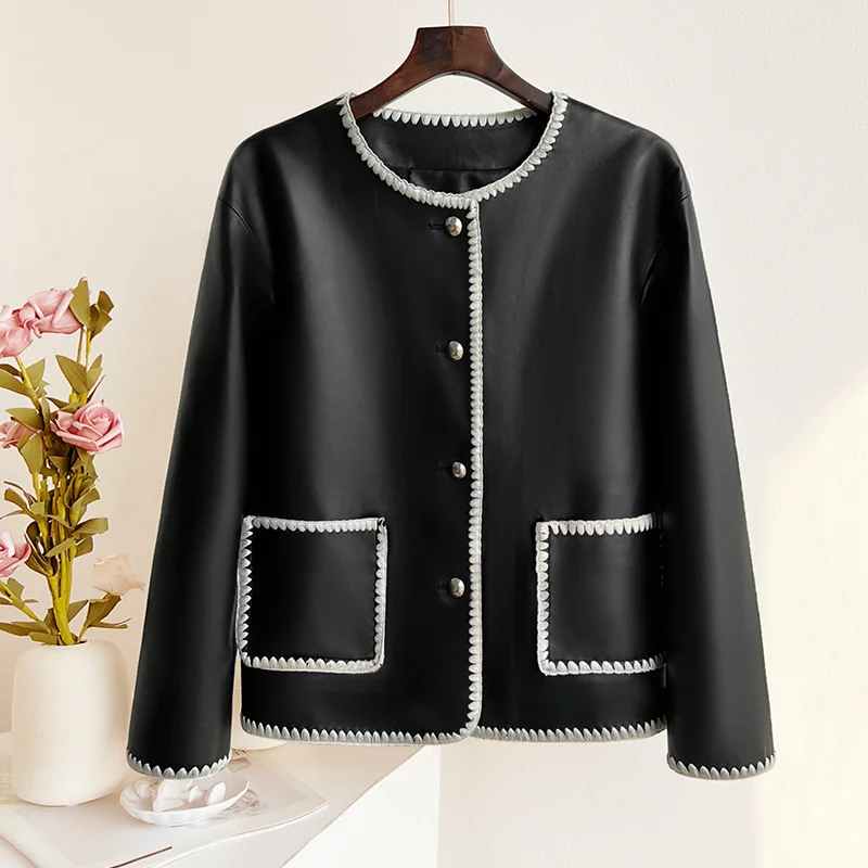 New Light Little Leather Coat Black And White Contrast Leather Coat Women's Simple Pure Short Sheepskin Round Neck Style Coat