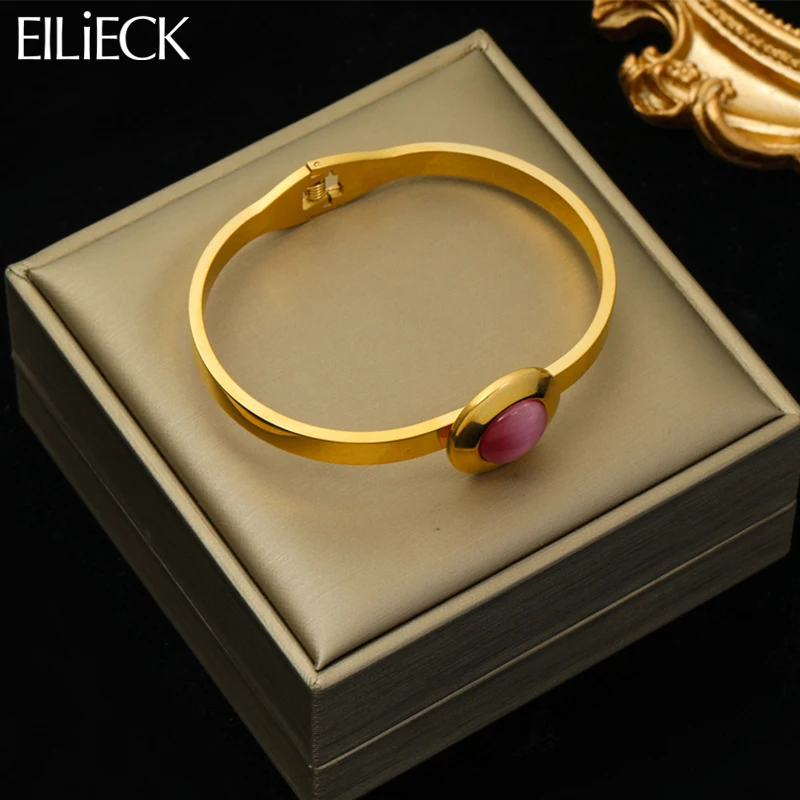 EILIECK 316L Stainless Steel Pink Stone Bracelet For Women Girl Fashion Gold Color Bangles Waterproof Jewelry Gift Accessories