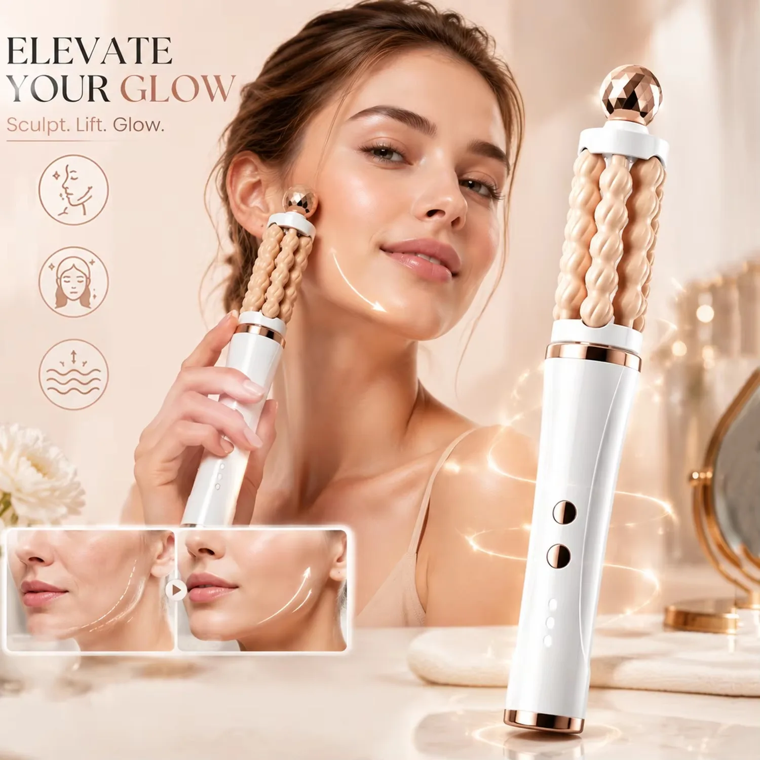 3D Wave Roller Rotation Massager Luxury Facial Lifting and Massage Stick Beauty Wand Facial Shaping Lifting Skin Tightening