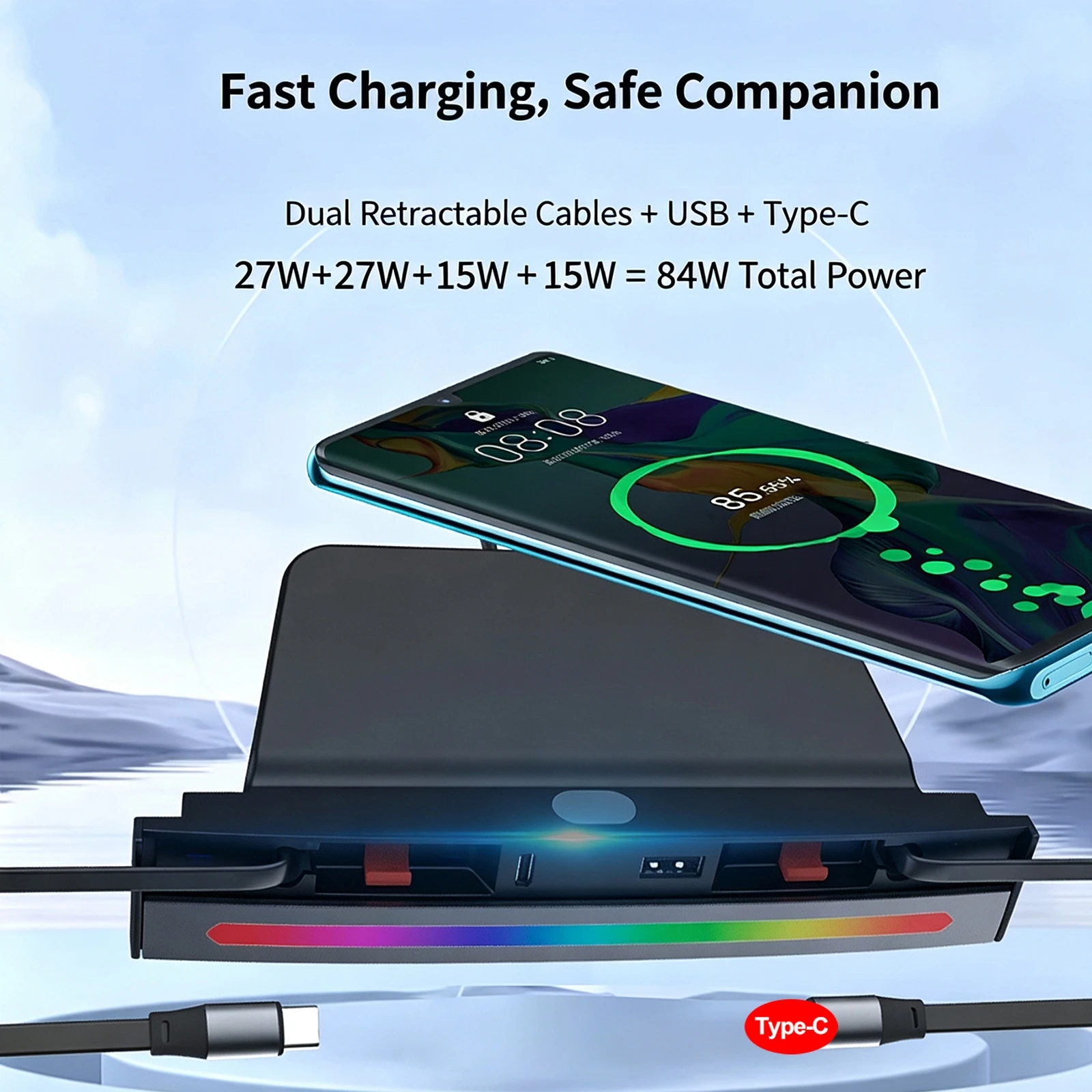 Central Control Expansion Dock for Tesla Model 3Y with Car-mounted Retractable Cable on-board Charger and Ambient Light Function view 4