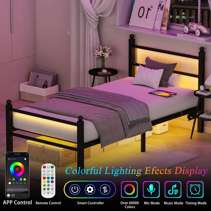 إطارات سرير مع لوح أمامي ولوح للقدمين، إطار سرير بمنصة معدنية سوداء مع أضواء LED RGB ومحطة شحن USB، تحت السرير St #3