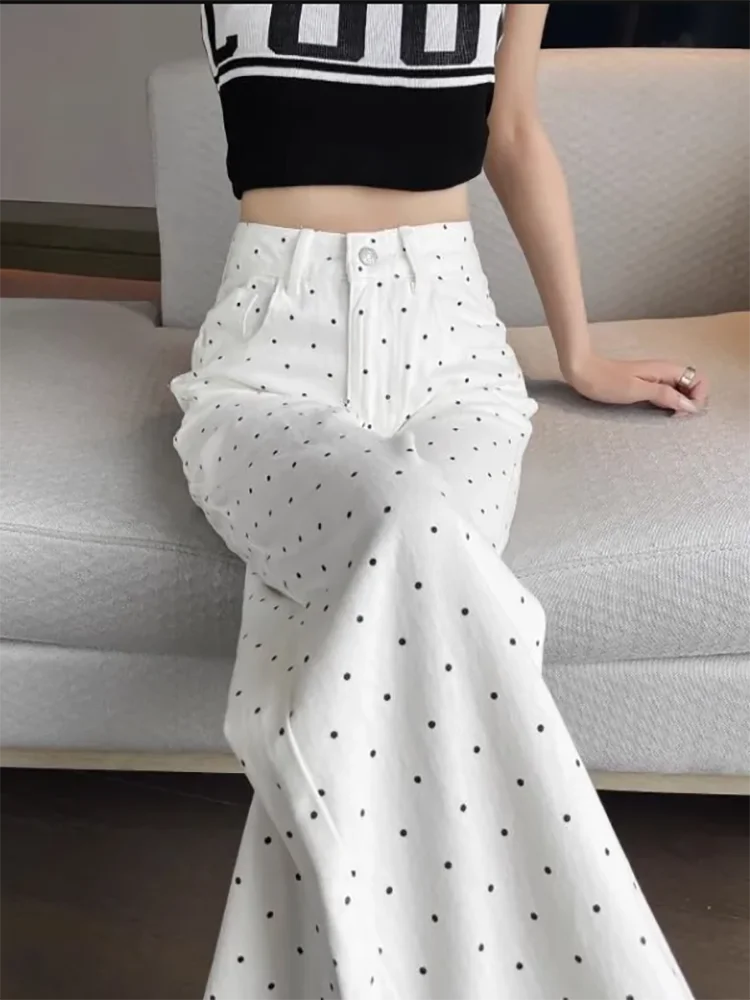 Wave Point Floral Wide-leg Jeans Women's Autumn Winter 2026 New Style Thin High Waist Loose White Casual Straight Trousers