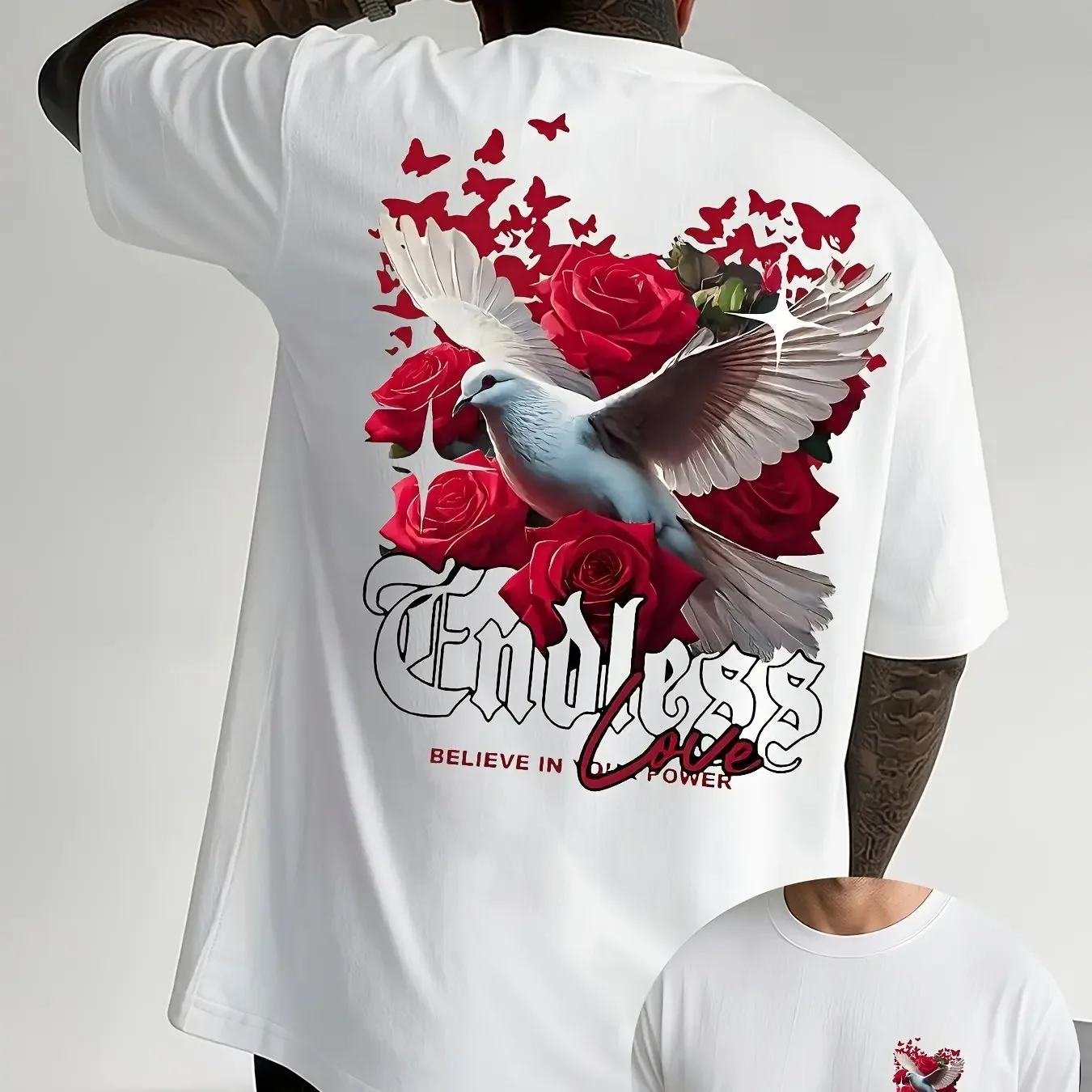Men's Dove Rose T Shirt 100% Cotton Endless Love Gothic Graphic Print Vintage Streetwear Oversized Casual Summer Tee
