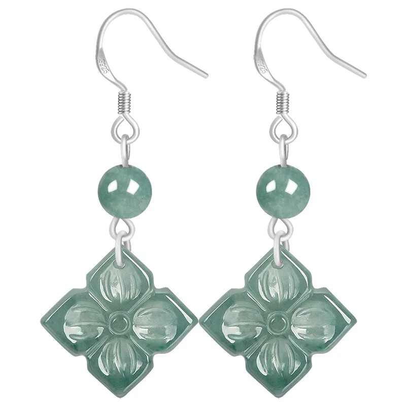 Genuine Natural Burmese Blue Emerald Clover Earring Hand-carved Fashion Charm Jewelry Accessories Luxury Amulet Gifts for Women