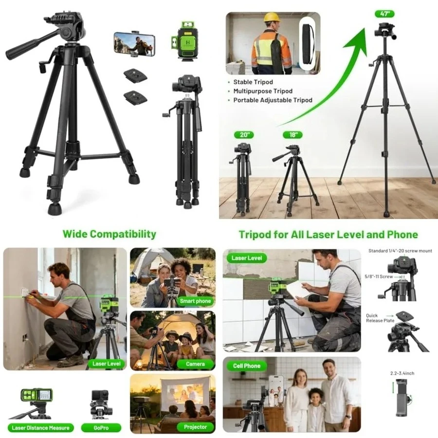 

Laser Level Tripod, 47” Tripod for Cross Line Laser Distance Measures, Phone and Camera, Aluminum Professional Tripod Stand with 1/4" Thread Mount, Carry Bag and Phone Holder