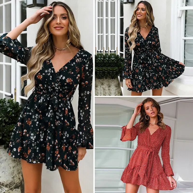 

Summer Dress Women Long Sleeve Sexy Flower Printed Mini Dresses Ladies Casual V-Neck Short Dresses