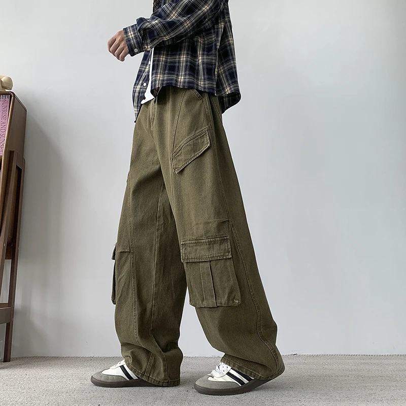 

Men's Multi-Pocket Workwear Pants Solid Color Loose Heavy Duty Canvas Utility Trousers Relaxed Fit Straight Leg Cargo Pants Man