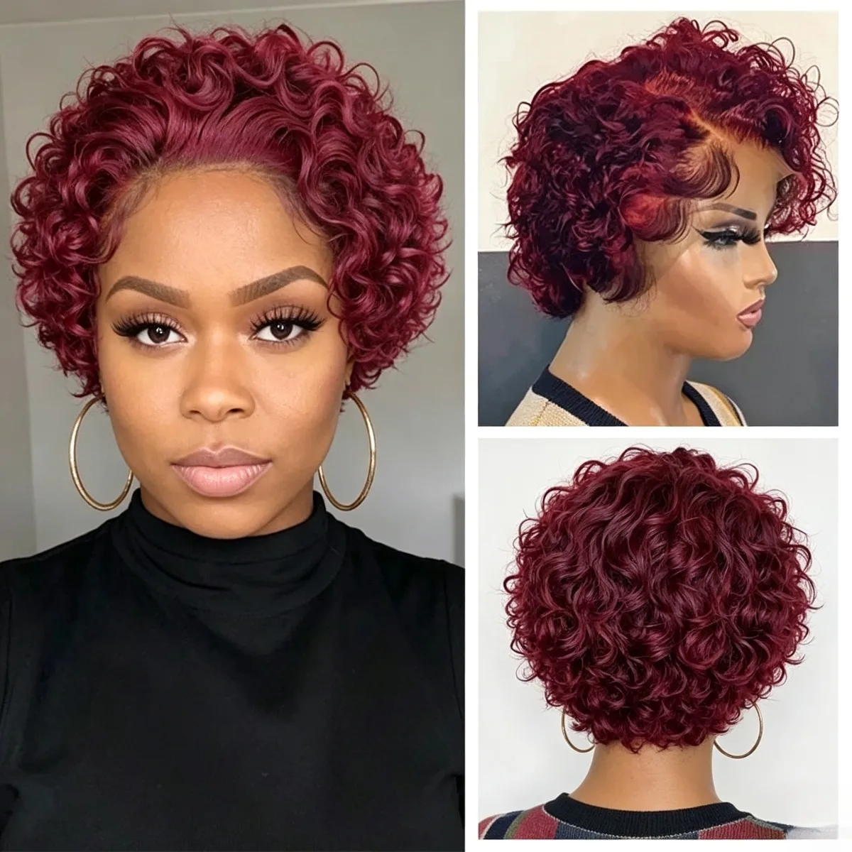 99J Short Curly Human Hair Wig Pixie Cut Lace Front Wigs 8inch,13x1 Pixie Cut Wig Human Hair Hd Lace Front Wigs for Black Women