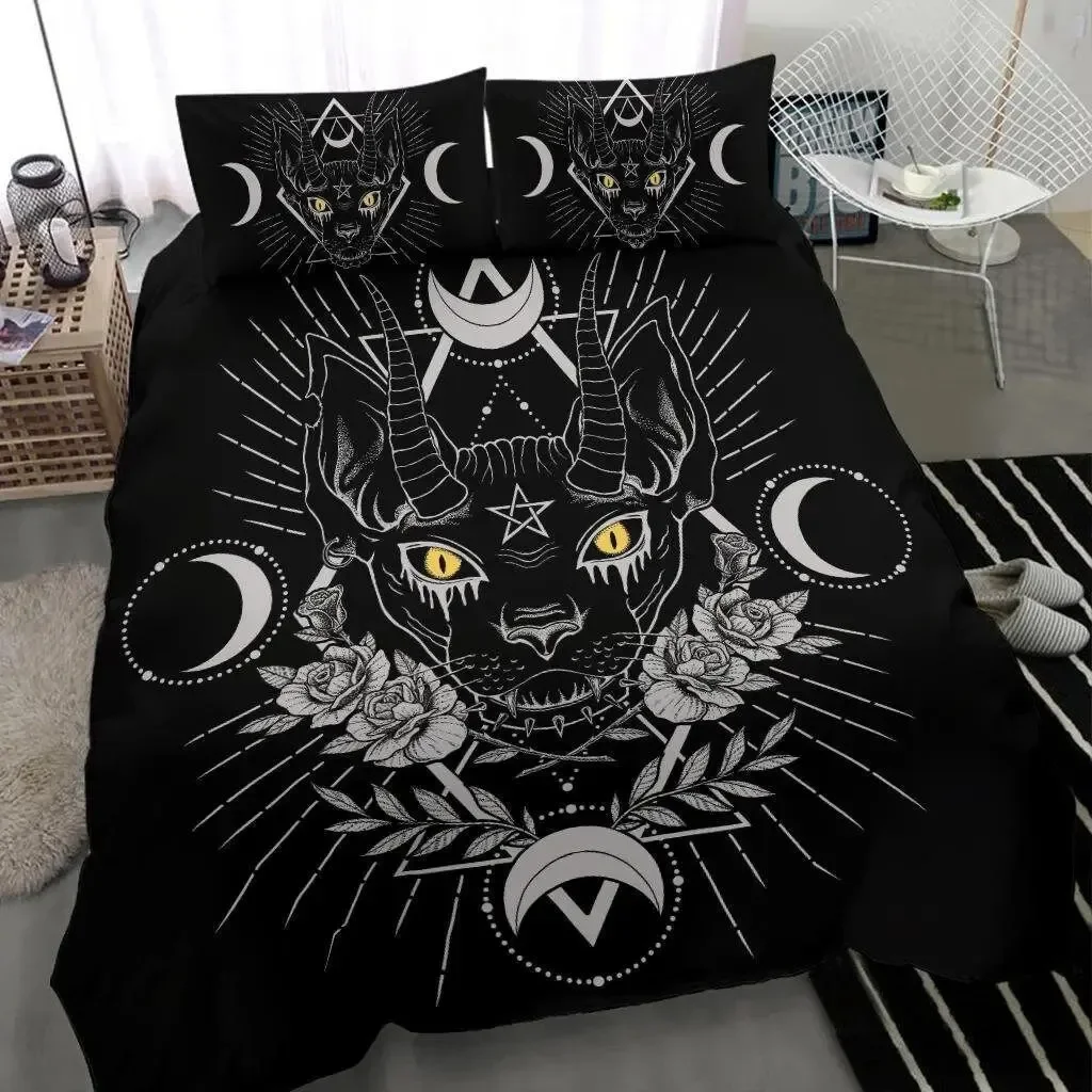 Wiccan Occult Black Cat Duvet Cover Set,Gothic Black Cat Bedding Sets Mysterious Sun and Moon Comforter Cover Queen Size