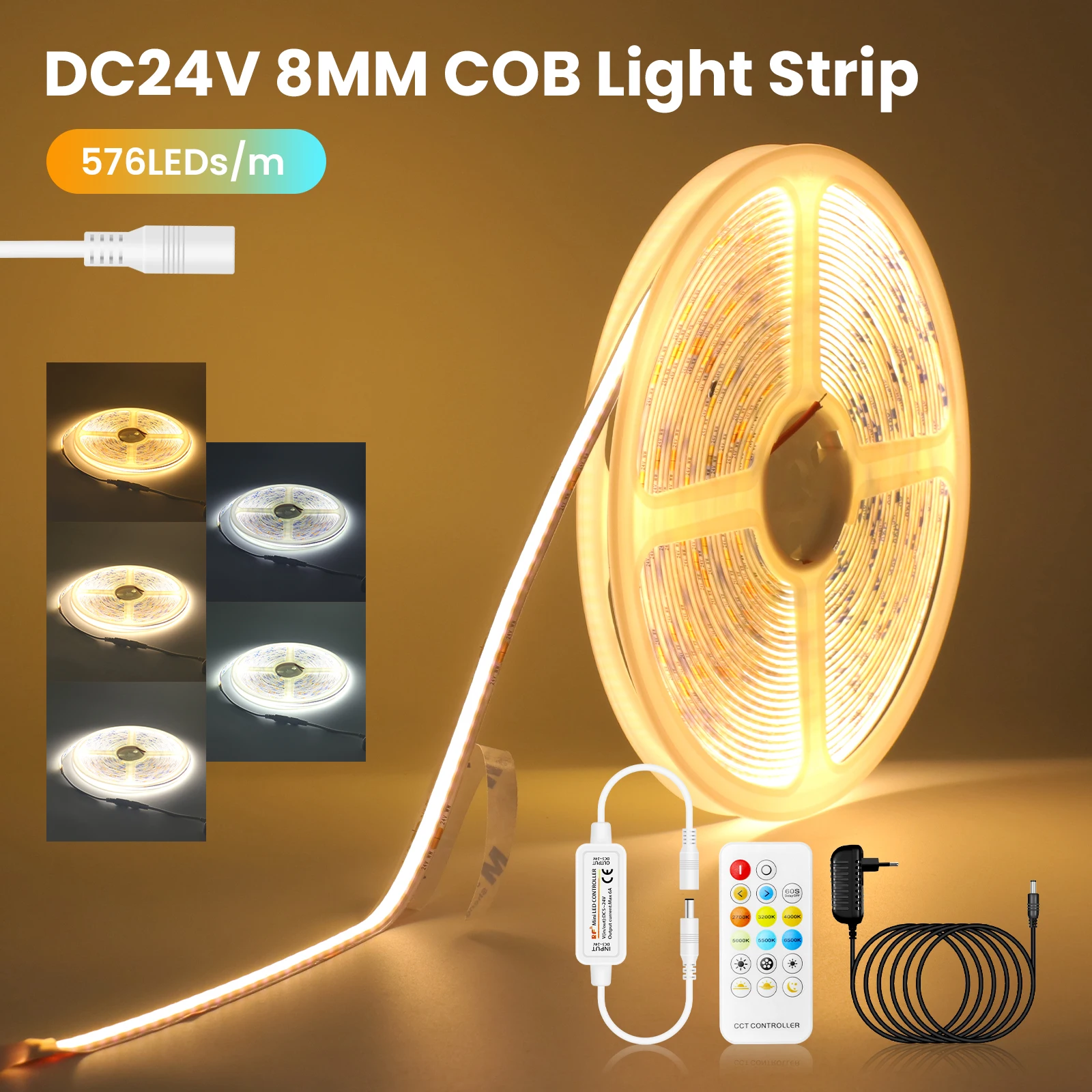  Dual Color CCT COB LED Strip 24V 480Leds/m Flexible LED Ribbon Tape Backlight 8MM PCB 17Key Remote Control Fob LED Lights