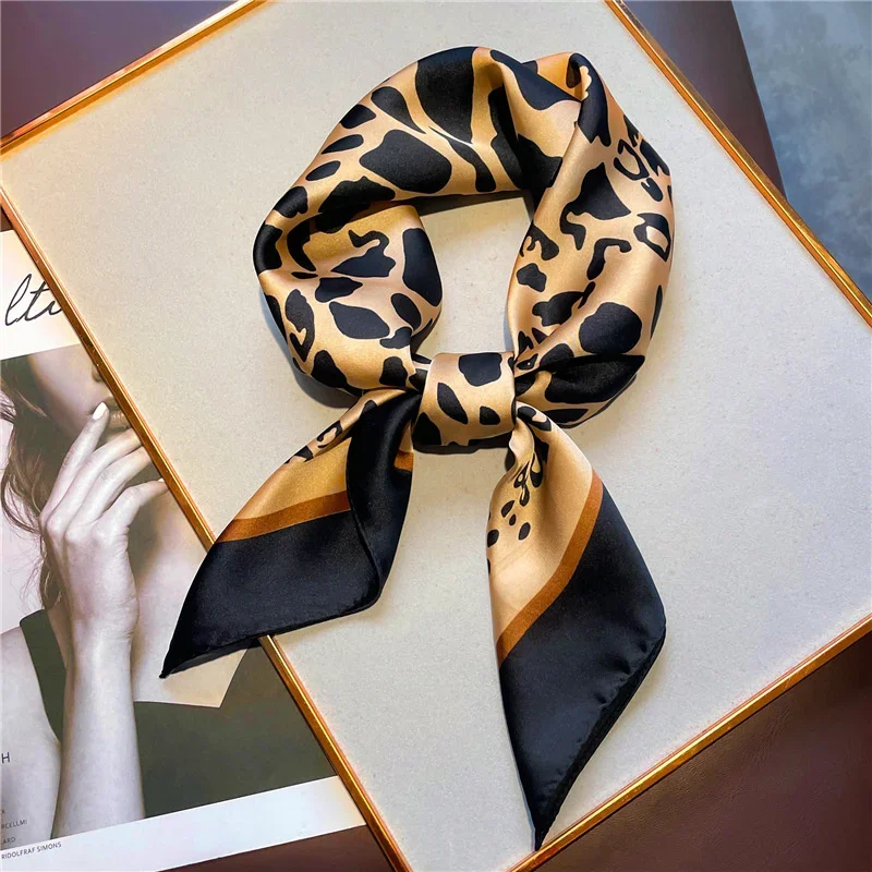 Fashion Women Silk Scarf Ladies Leopard Print Shawl Headband Small Hair Scarves Bandana Female Handkerchief Scarves 70Cm Square