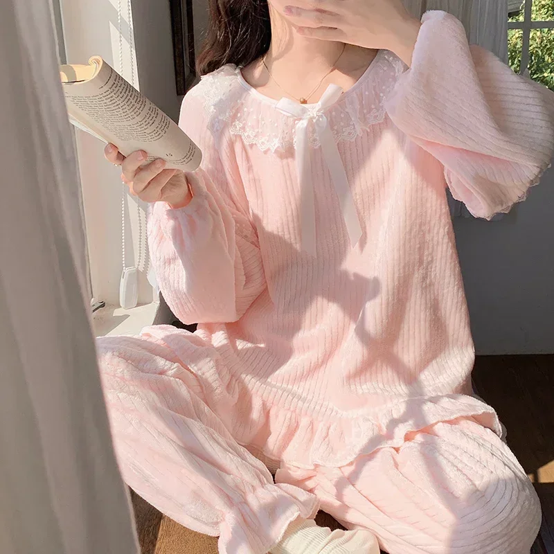 Winter Plus Velvet Pajama Sets Women Warm Princess Sweet Lace Design Tender Home Flannel Sleepwear Casual Gentle Thicker Girls