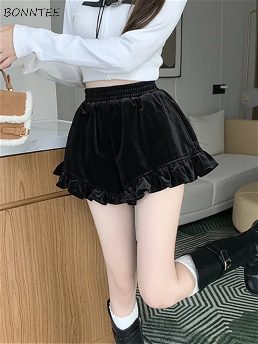 Wide Leg Shorts Women Autumn Winter Velvet Soft Ruffles Design Gentle High Waist Warm All-match Streetwear Chic Casual Clothing