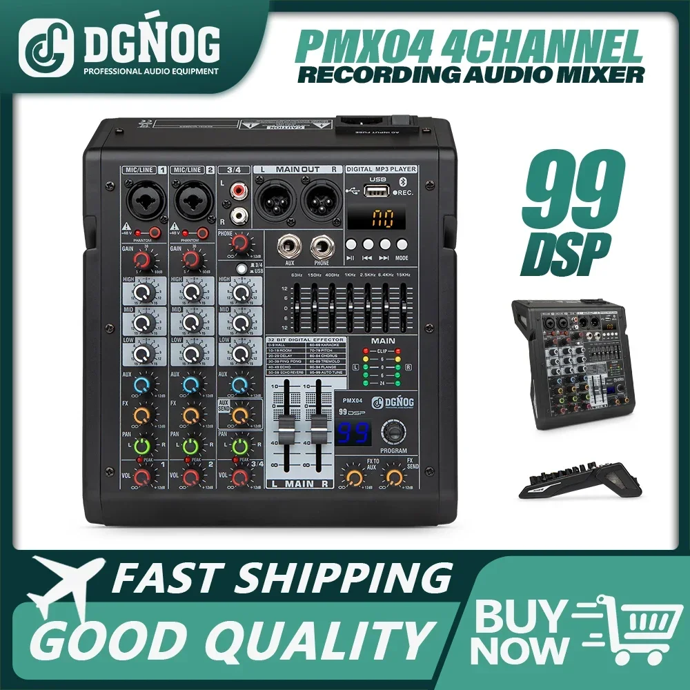 DGNOG PMX04 4 Channel Mixer 99 DSP Digital MP3 Input 48V Phantom Power Supply 7-stage Equalizer with Bluetooth Podcast Recording